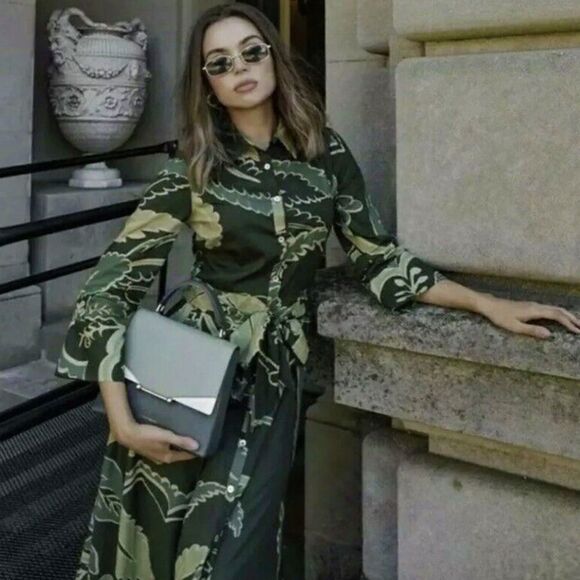 Zara Bold Green Print Maxi Button Up Belt Dress Leaf Print Size S– 100% Cotton - Picture 13 of 14